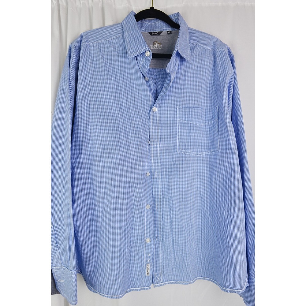 Bohio Blue Gingham Check Long‎ Sleeve Button Down Shirt XL Island Vibe